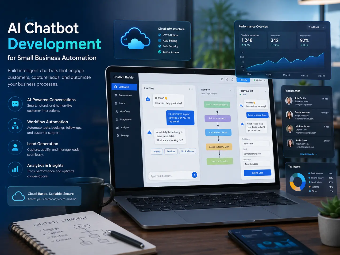 AI chatbot development interface for small business automation