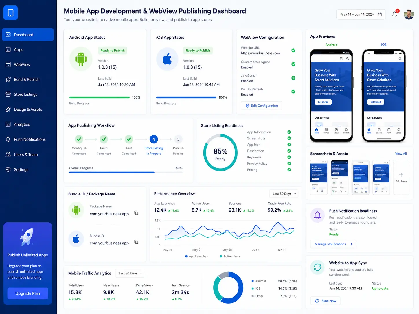 Mobile app development and WebView app publishing dashboard for business websites