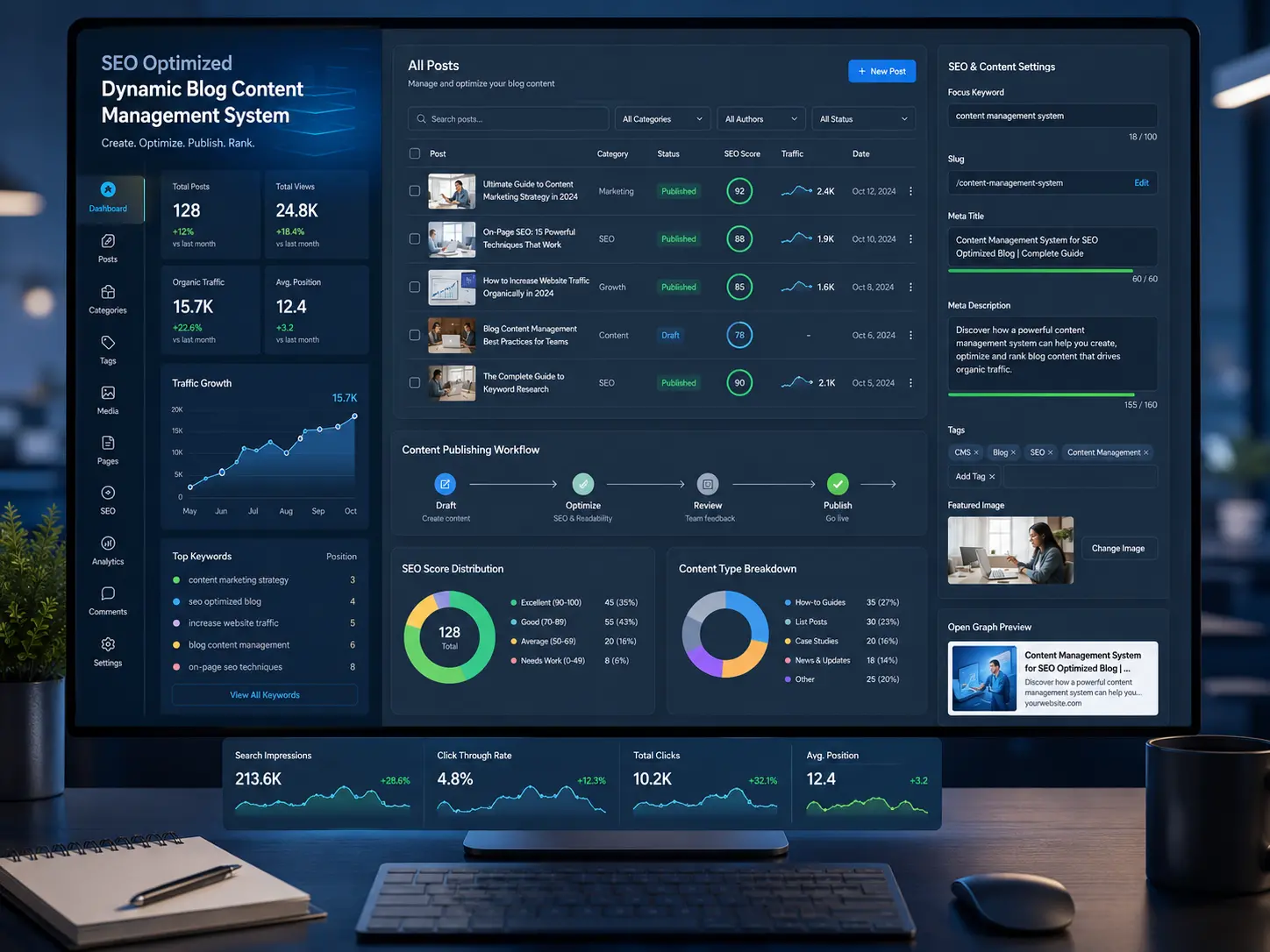 Business website SEO optimization dashboard for search visibility and leads
